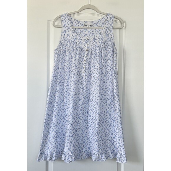 Eileen West Floral Nightgown Size Medium Lace White Blue Ruffle Stretch Cottage - Picture 1 of 8